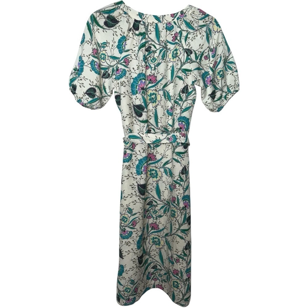 LOFT NWT Floral Linen Blend V-Neck Puff Sleeve Midi Dress Cream Short Sleeve XS - Picture 2 of 6